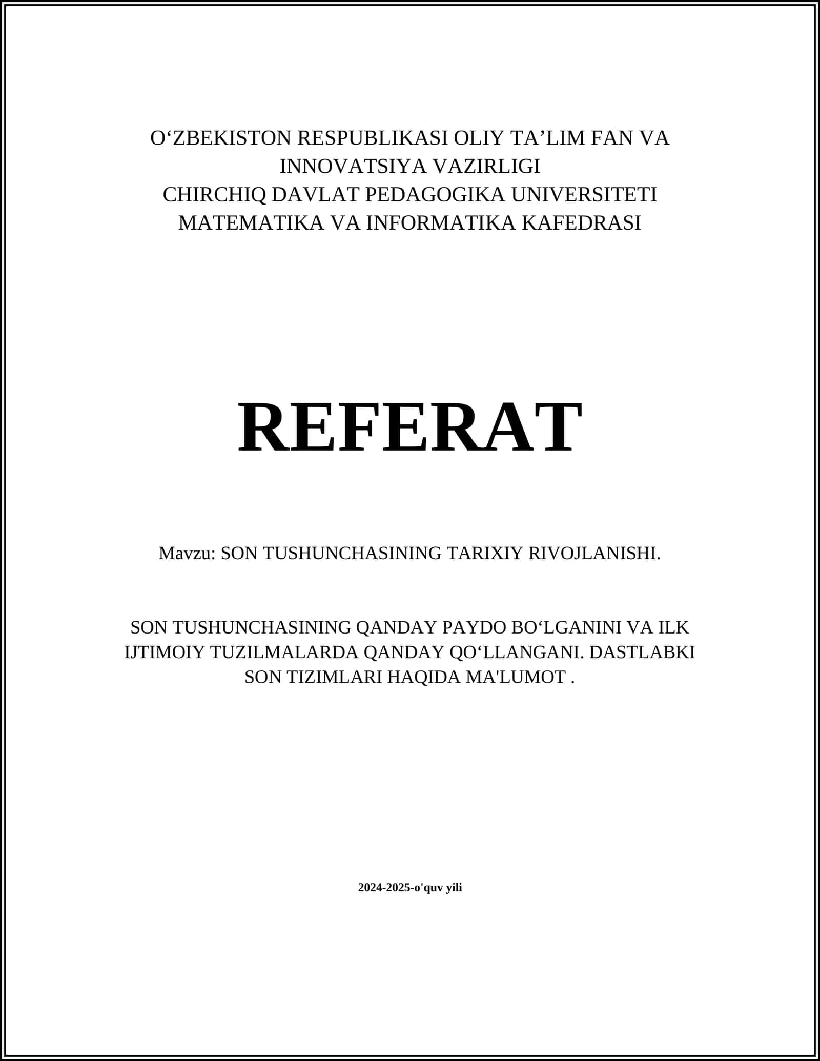 SON TUSHUNCHASINING TARIXIY RIVOJLANISHI