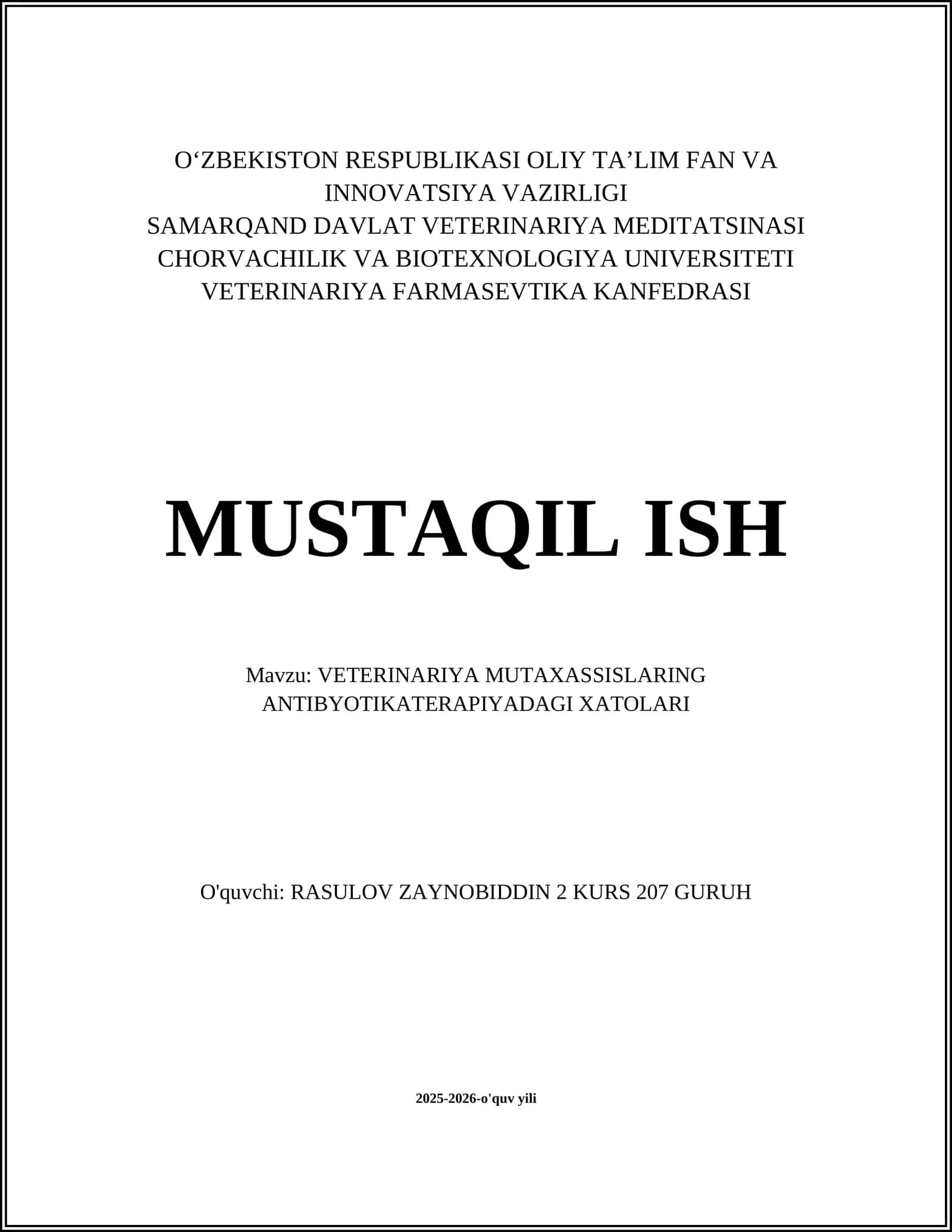 VETERINARIYA MUTAXASSISLARING ANTIBYOTIKATERAPIYADAGI XATOLARI