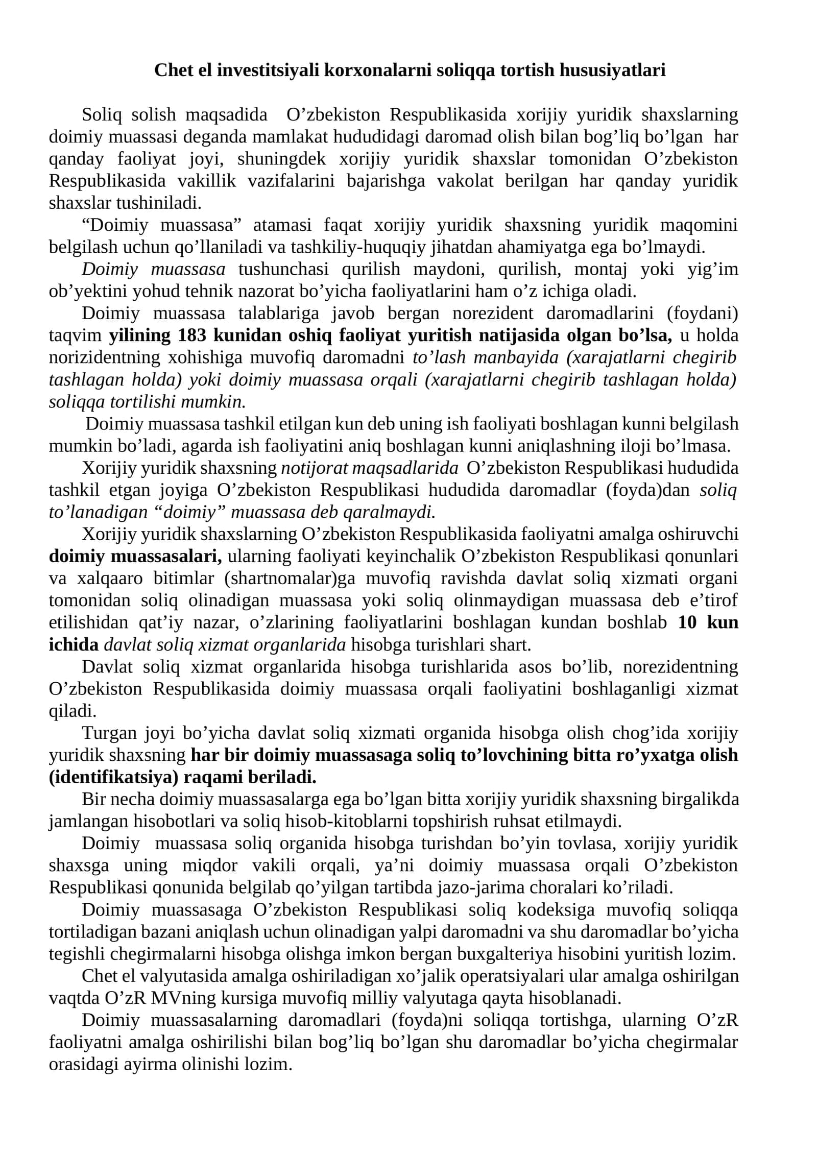 Chet el investitsiyali korxonalarni soliqqa tortish xususiyatlari