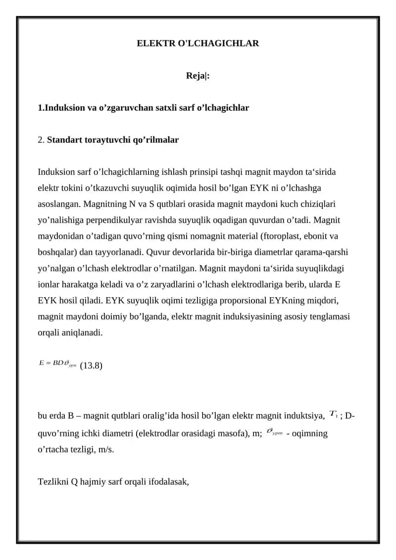 Induksion va o’zgaruvchan satxli sarf o’lchagichlar