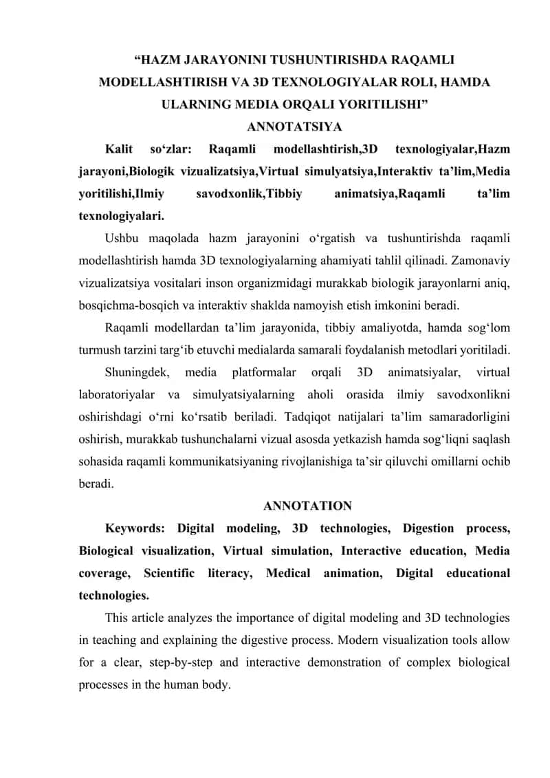 HAZM JARAYONINI TUSHUNTIRISHDA RAQAMLI MODELLASHTIRISH VA 3D TEXNOLOGIYALAR ROLI, HAMDA ULARNING MEDIA ORQALI YORITILISHI