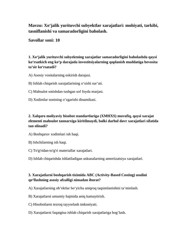 Xo‘jalik yurituvchi subyektlar xarajatlari