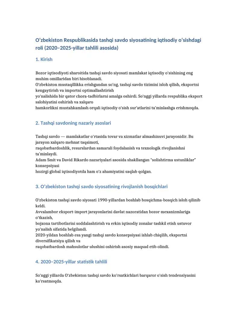 O‘zbekiston Respublikasida tashqi savdo siyosatining iqtisodiy o‘sishdagi roli (2020–2025-yillar tahlili asosida)
