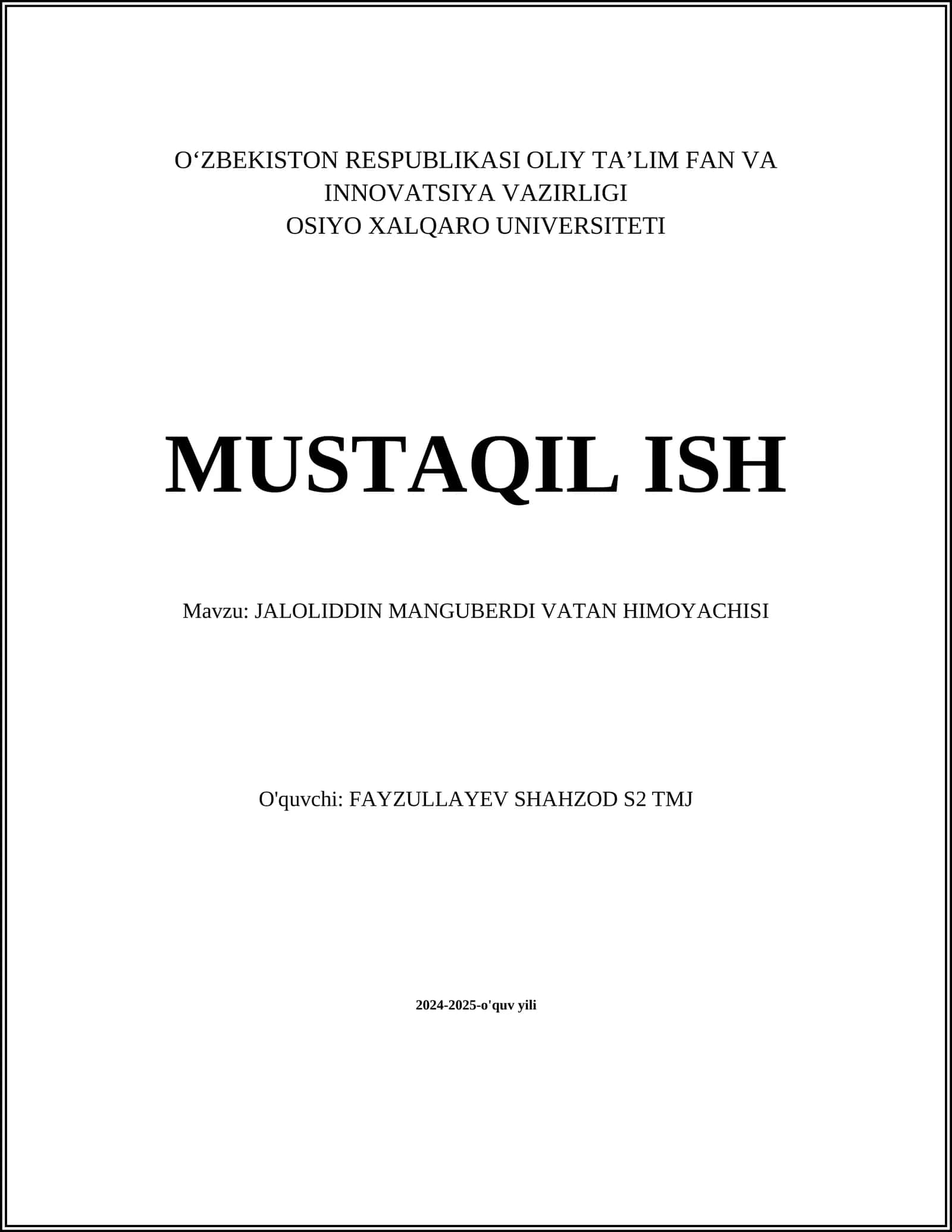 JALOLIDDIN MANGUBERDI VATAN HIMOYACHISI