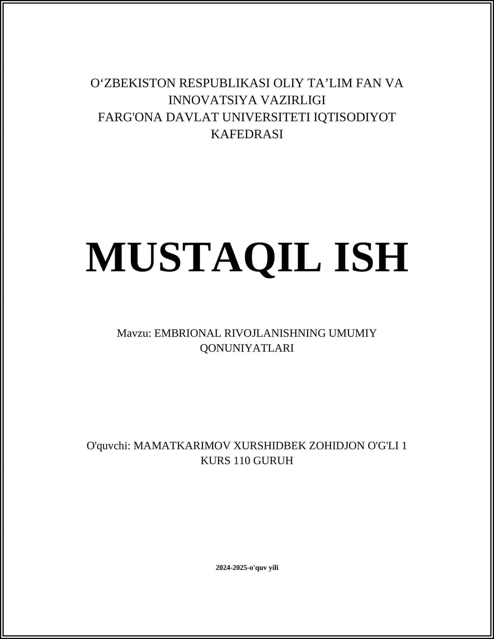 EMBRIONAL RIVOJLANISHNING UMUMIY QONUNIYATLARI