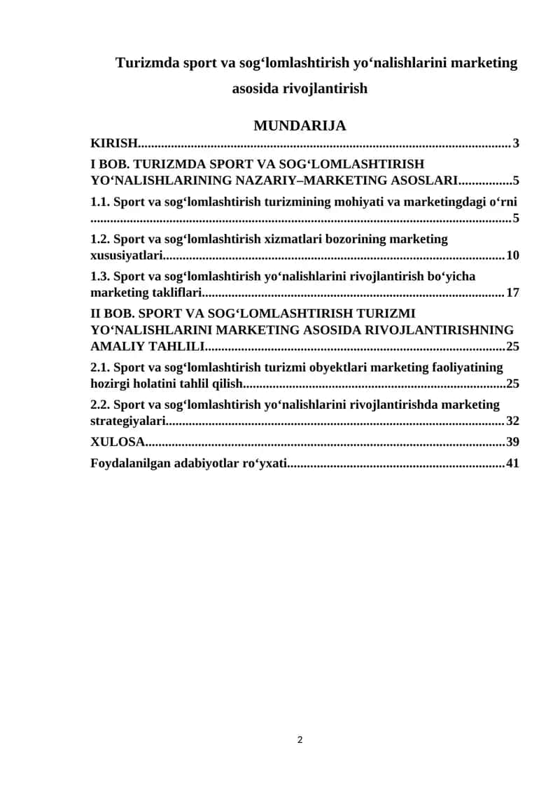 Turizmda sport va sog‘lomlashtirish yo‘nalishlarini marketing asosida rivojlantirish