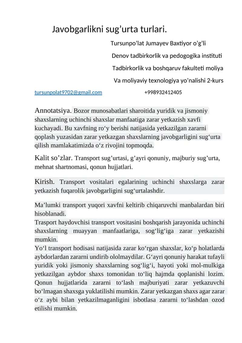 Javobgarlikni sug’urta turlari