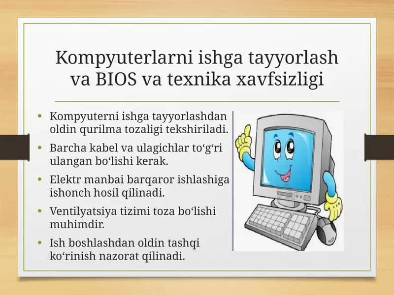 Kompyuterlarni ishga tayyorlash va BIOS va texnika xavfsizligi.