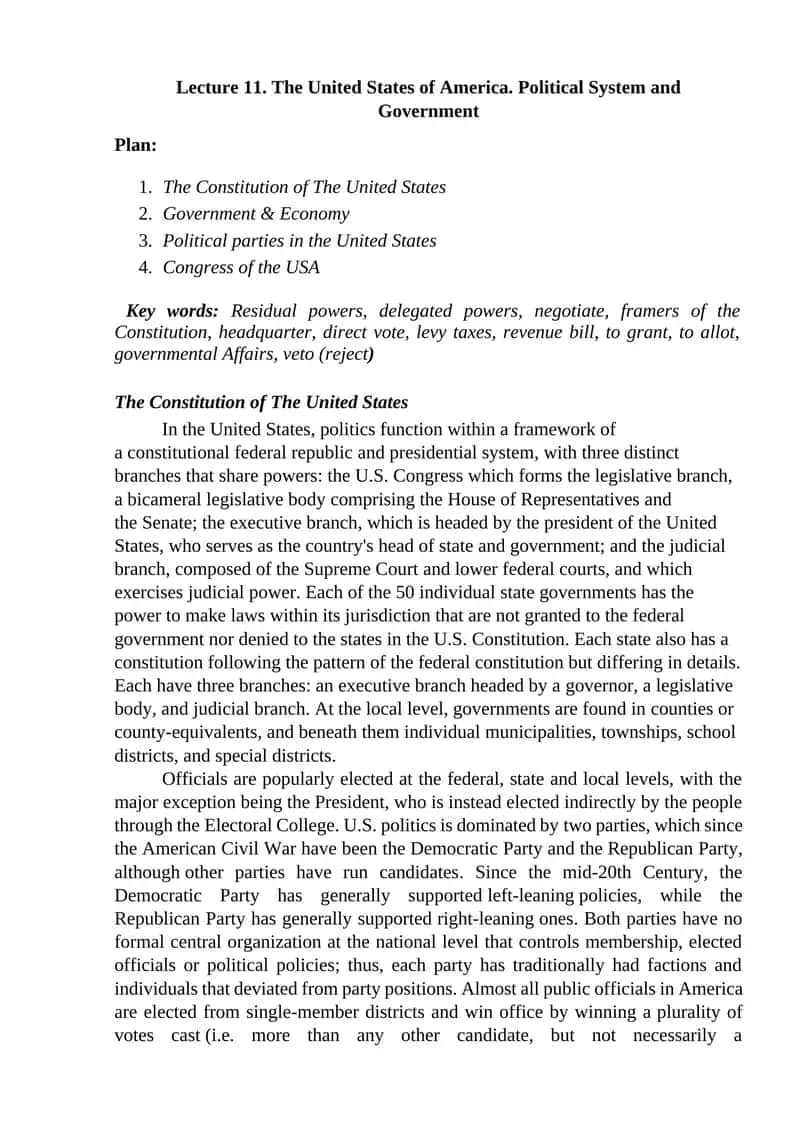 The United States of America. Political System and Government