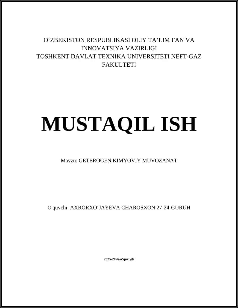 GETEROGEN KIMYOVIY MUVOZANAT