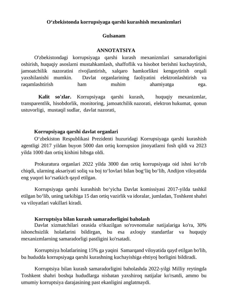 O‘zbekistonda korrupsiyaga qarshi kurashish mexanizmlari