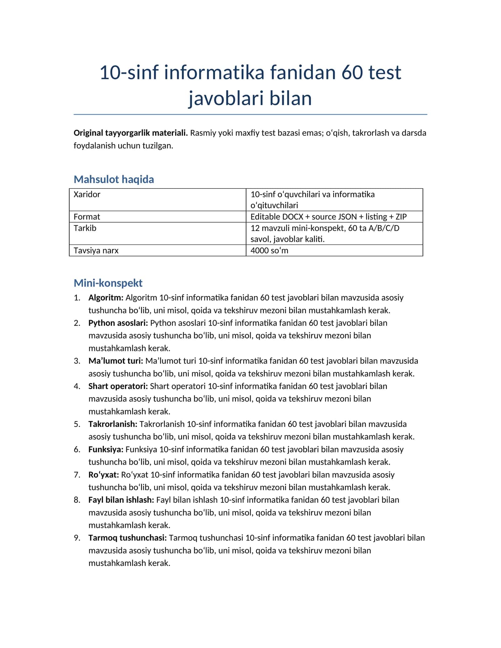10-sinf informatika fanidan 60 test javoblari bilan