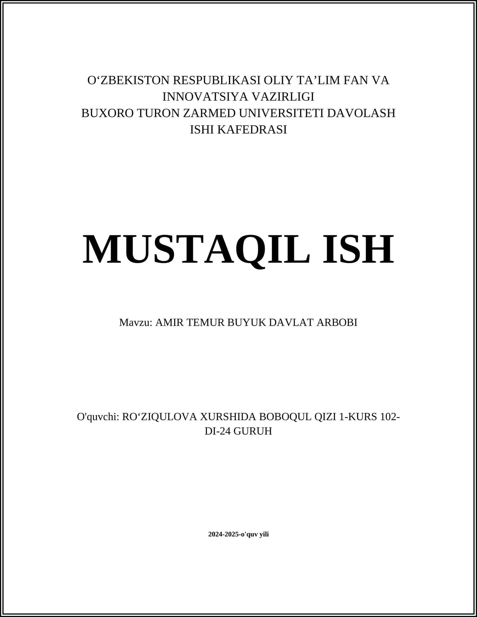 AMIR TEMUR BUYUK DAVLAT ARBOBI