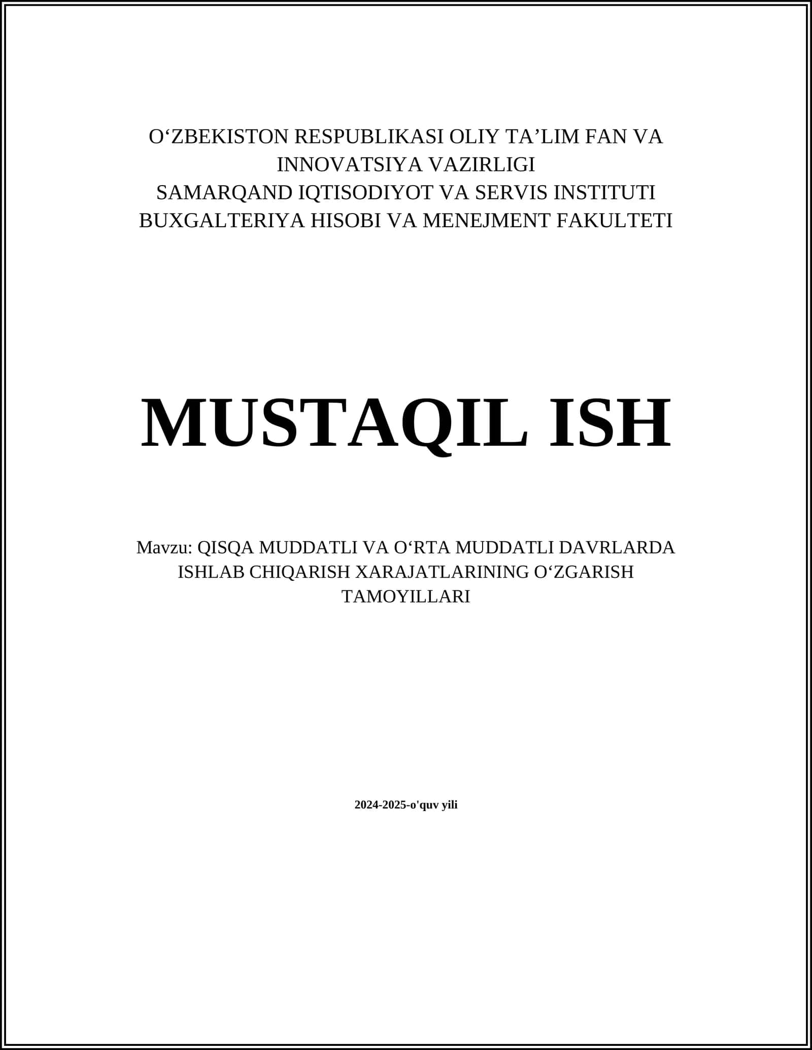 Qisqa muddatli davrda ishlab chiqarish xarajatlari tahlili