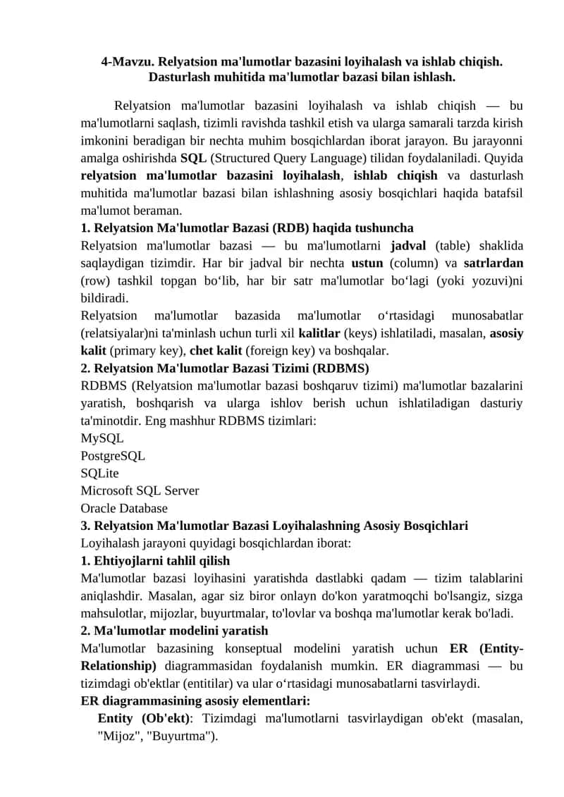 Relyatsion ma'lumotlar bazasini loyihalash va ishlab chiqish