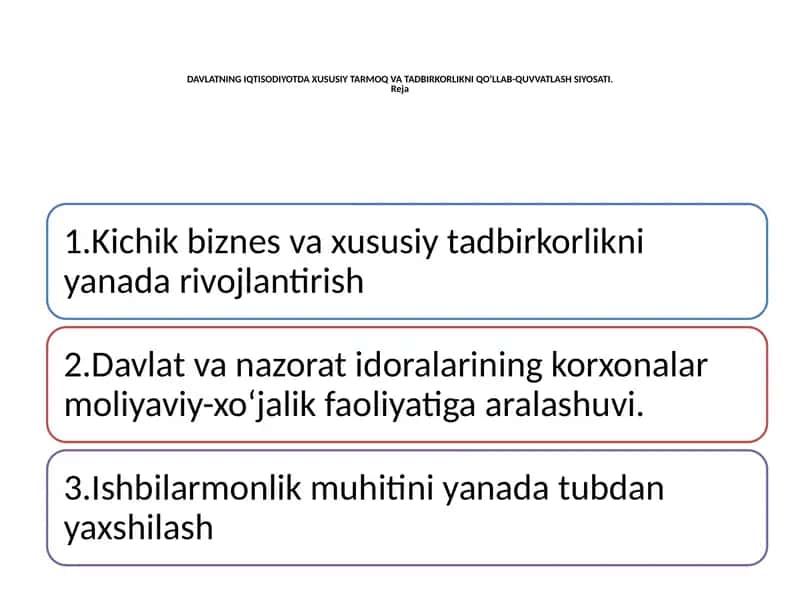DAVLATNING IQTISODIYOTDA XUSUSIY TARMOQ VA TADBIRKORLIKNI QO‘LLAB-QUVVATLASH SIYOSATI