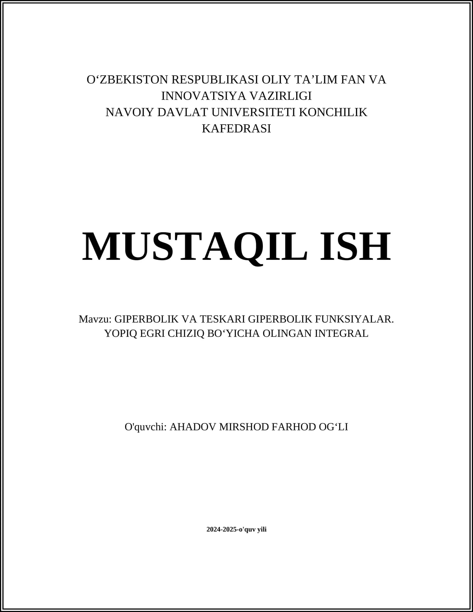 GIPERBOLIK VA TESKARI GIPERBOLIK FUNKSIYALAR