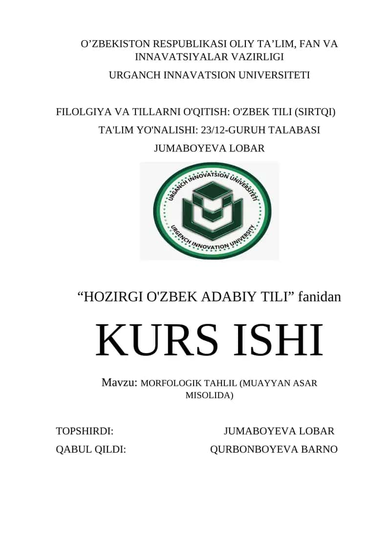 MORFOLOGIK TAHLIL (MUAYYAN ASAR MISOLIDA)