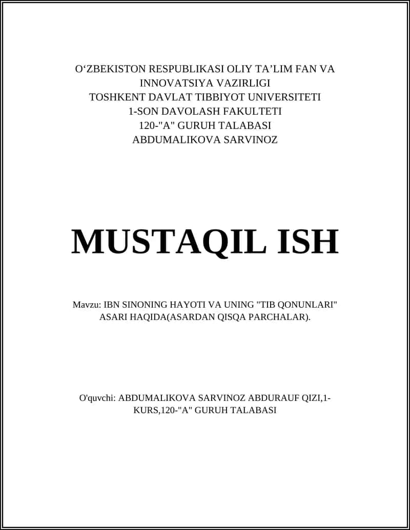 IBN SINONING HAYOTI VA UNING "TIB QONUNLARI" ASARI