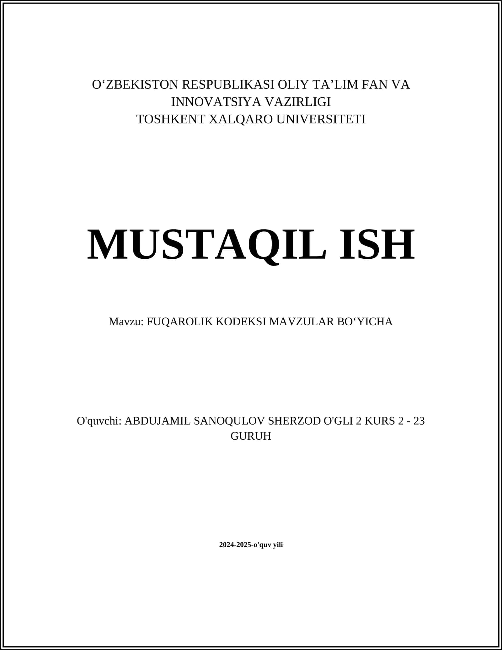 FUQAROLIK KODEKSI MAVZULAR BOʻYICHA