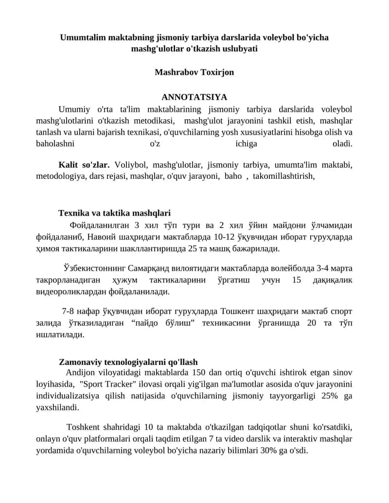 Voleybol bo'yicha mashg'ulotlar o'tkazish uslubyati
