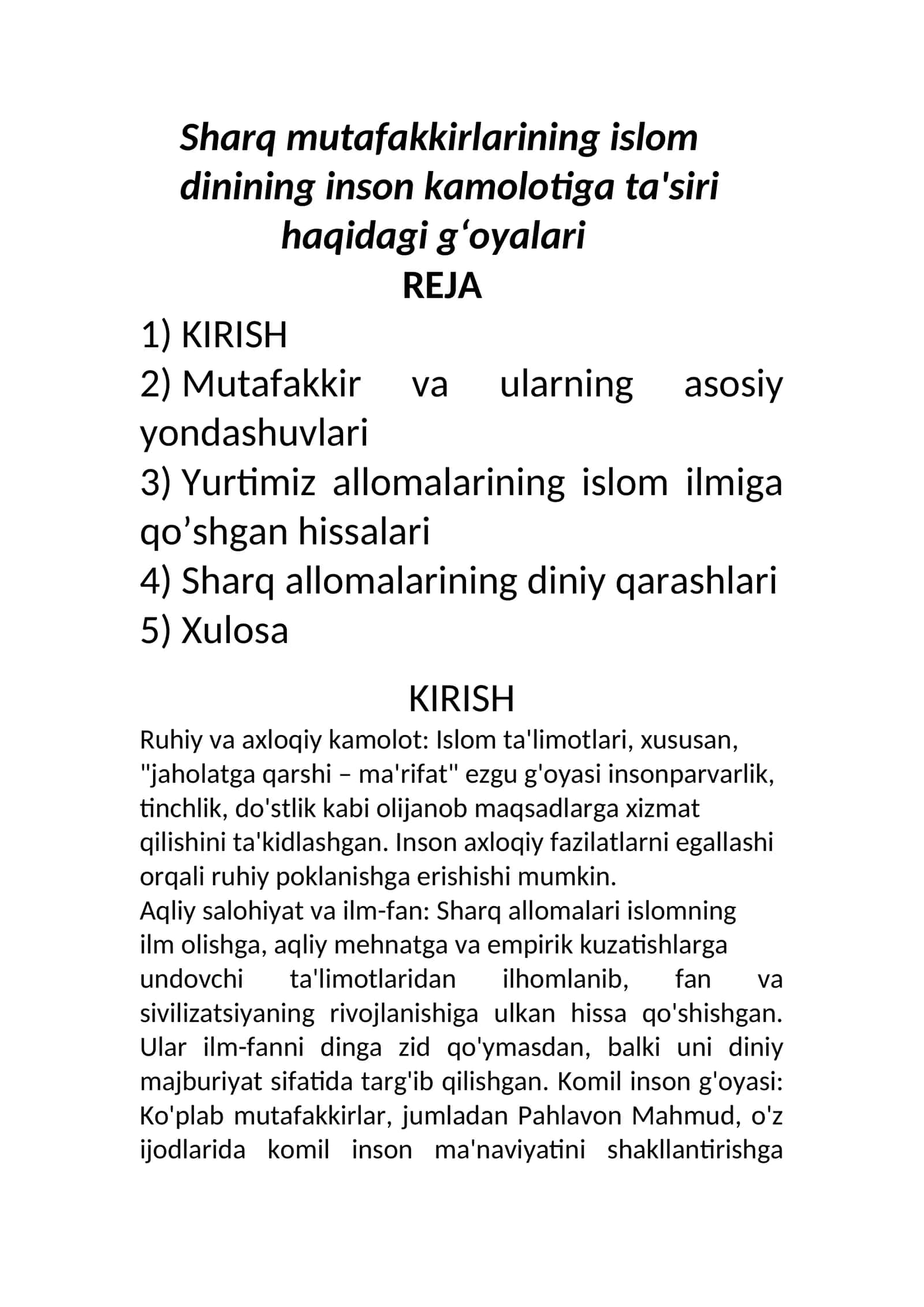 Sharq mutafakkirlarining islom dinining inson kamolotiga ta'siri haqidagi gʻoyalari