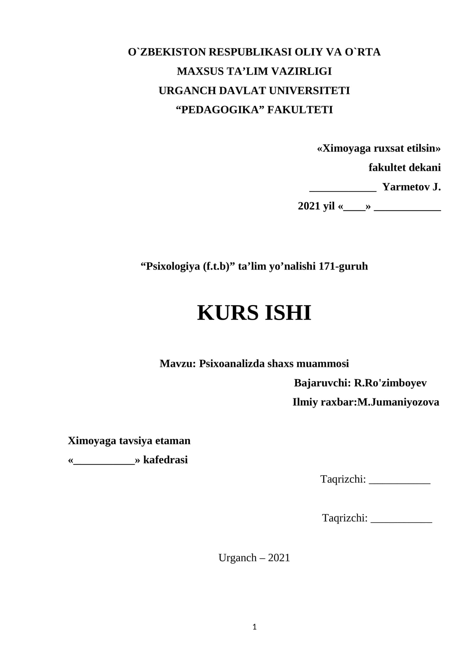 Psixologiya (f.t.b) ta’lim yo’nalishi 171-guruh KURS ISHI