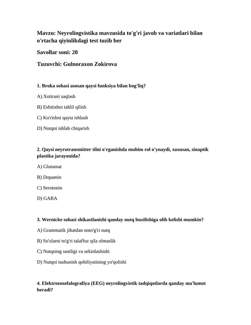 Neyrolingvistika test javoblari