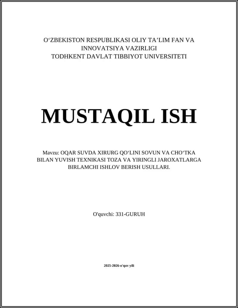 Oqargan suvda xirurg qo‘lini sovun va cho‘tka bilan yuvish