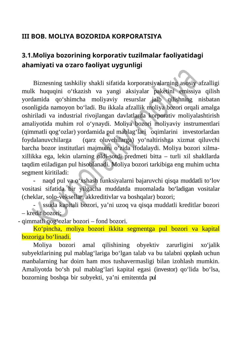 MOLIYA BOZORIDA KORPORATSIYA