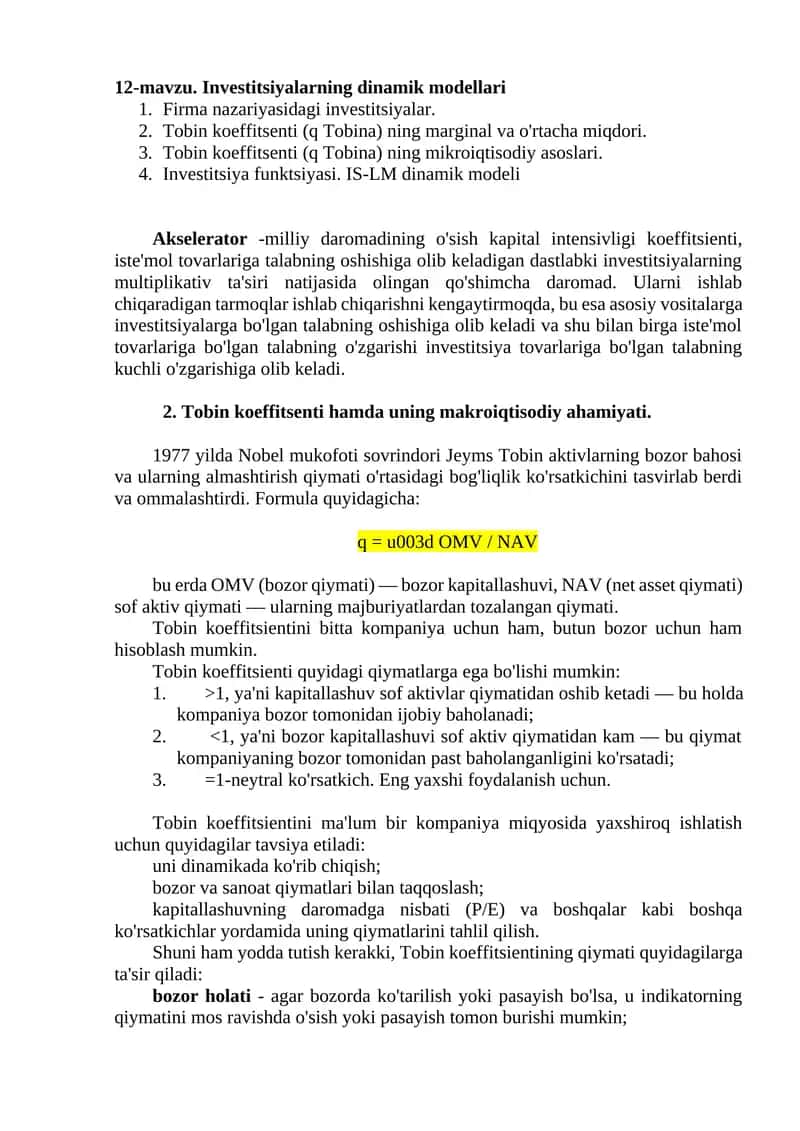Investitsiyalarning dinamik modellari