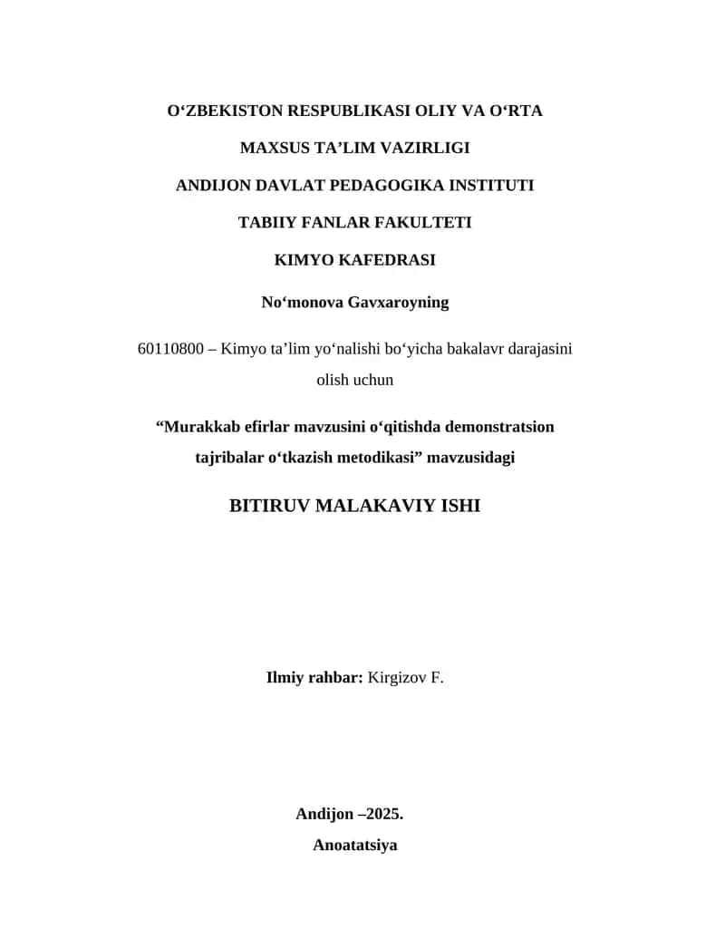 "Murakkab efirlar mavzusini oʻqitishda demonstratsion tajribalar oʻtkazish metodikasi"