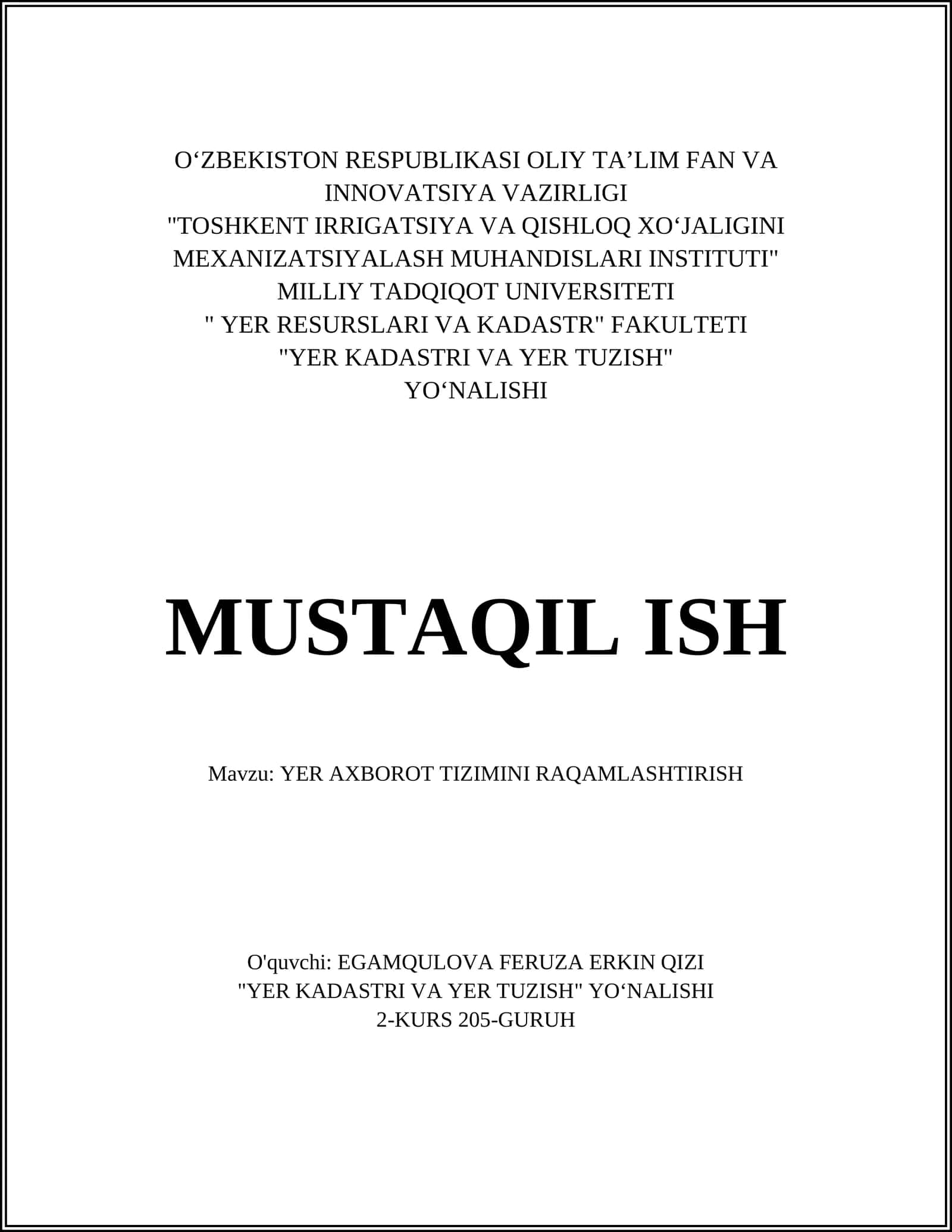 YER AXBOROT TIZIMINI RAQAMLASHTIRISH