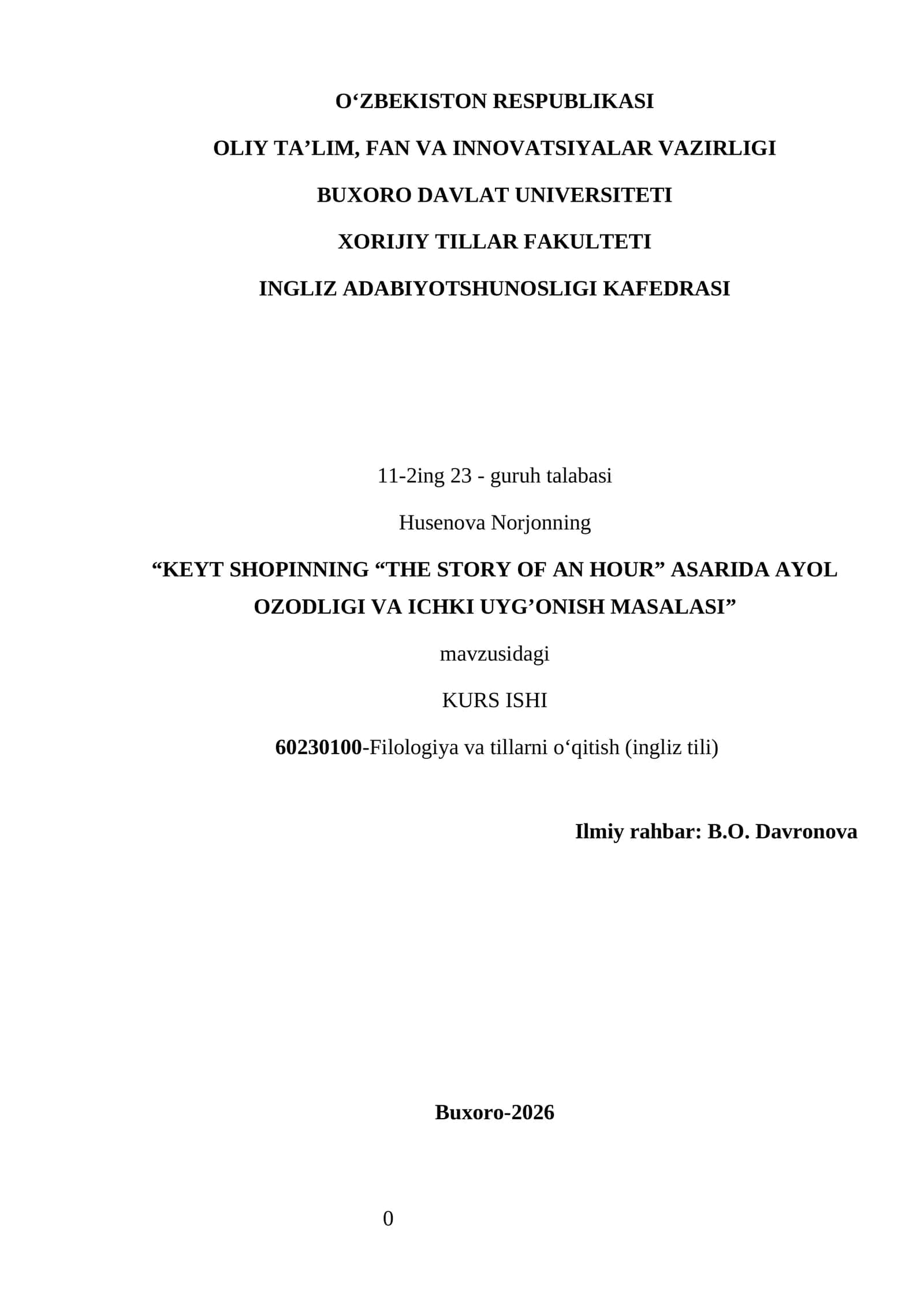 “KEYT SHOPINNING “THE STORY OF AN HOUR” ASARIDA AYOL OZODLIGI VA ICHKI UYG’ONISH MASALASI”