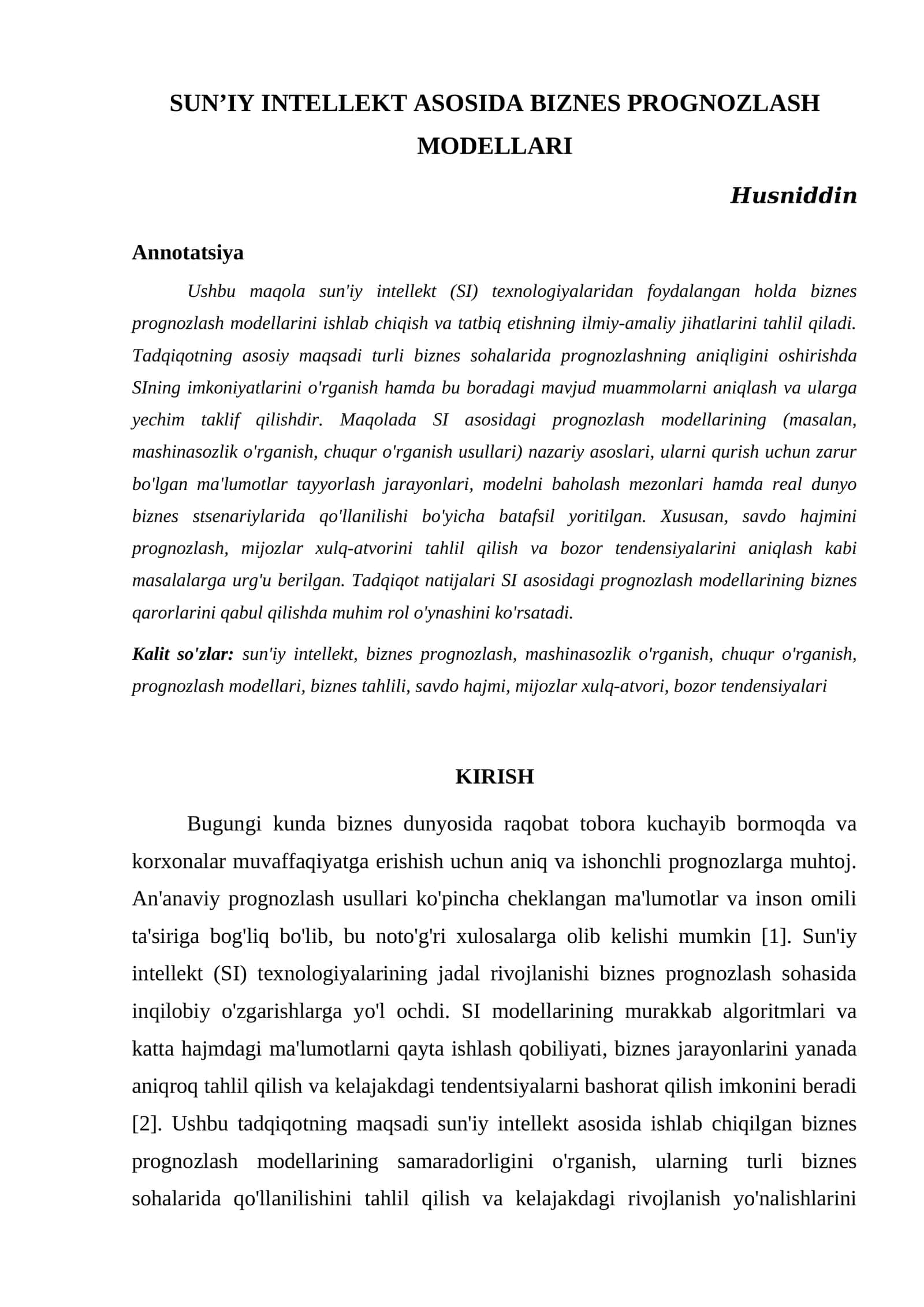 SUNʼIY INTELLEKT ASOSIDA BIZNES PROGNOZLASH MODELLARI