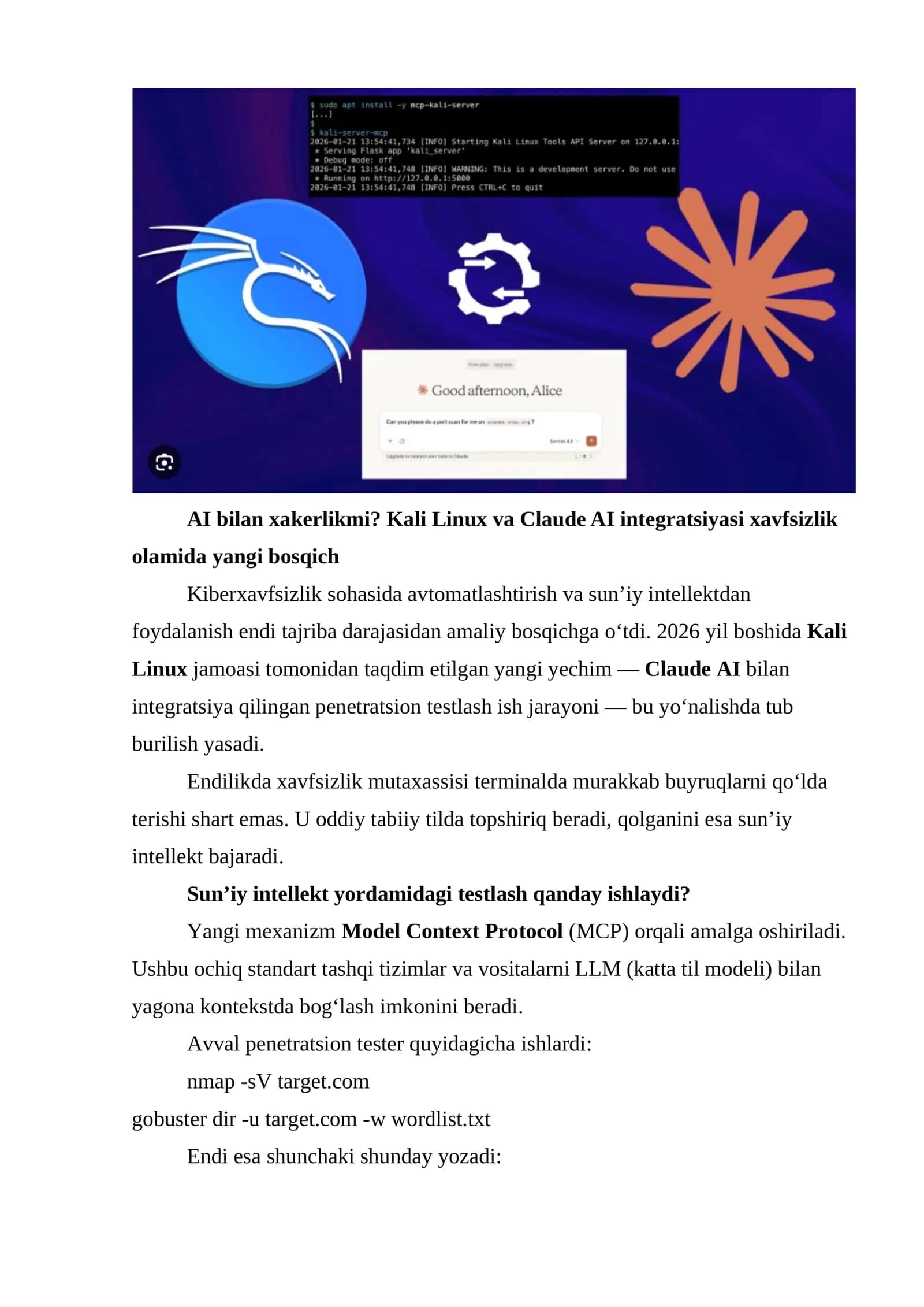 Claude AI va Kali Linux integratsiyasi