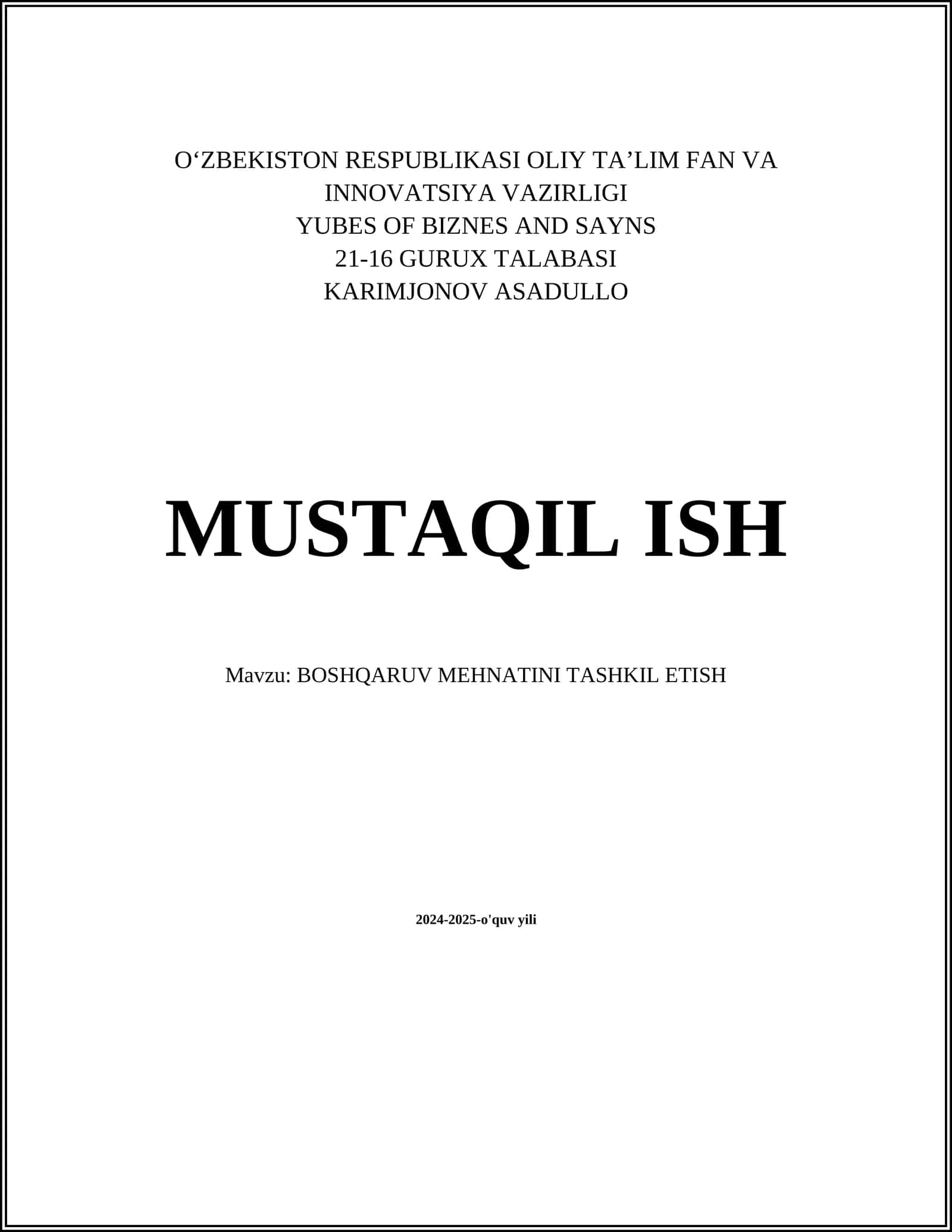 Boshqaruv mehnatini tashkil etish