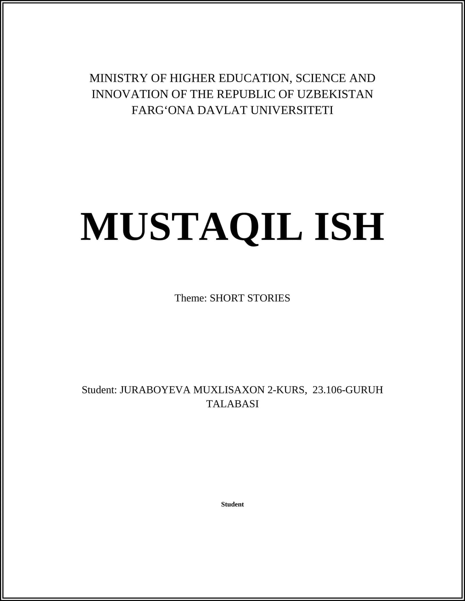 MUSTAQIL ISH - SHORT STORIES