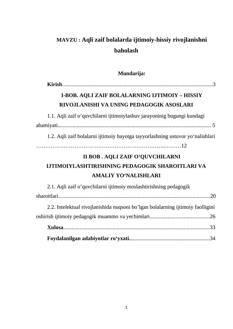 Aqli zaif bolalarda ijtimoiy-hissiy rivojlanishni baholash