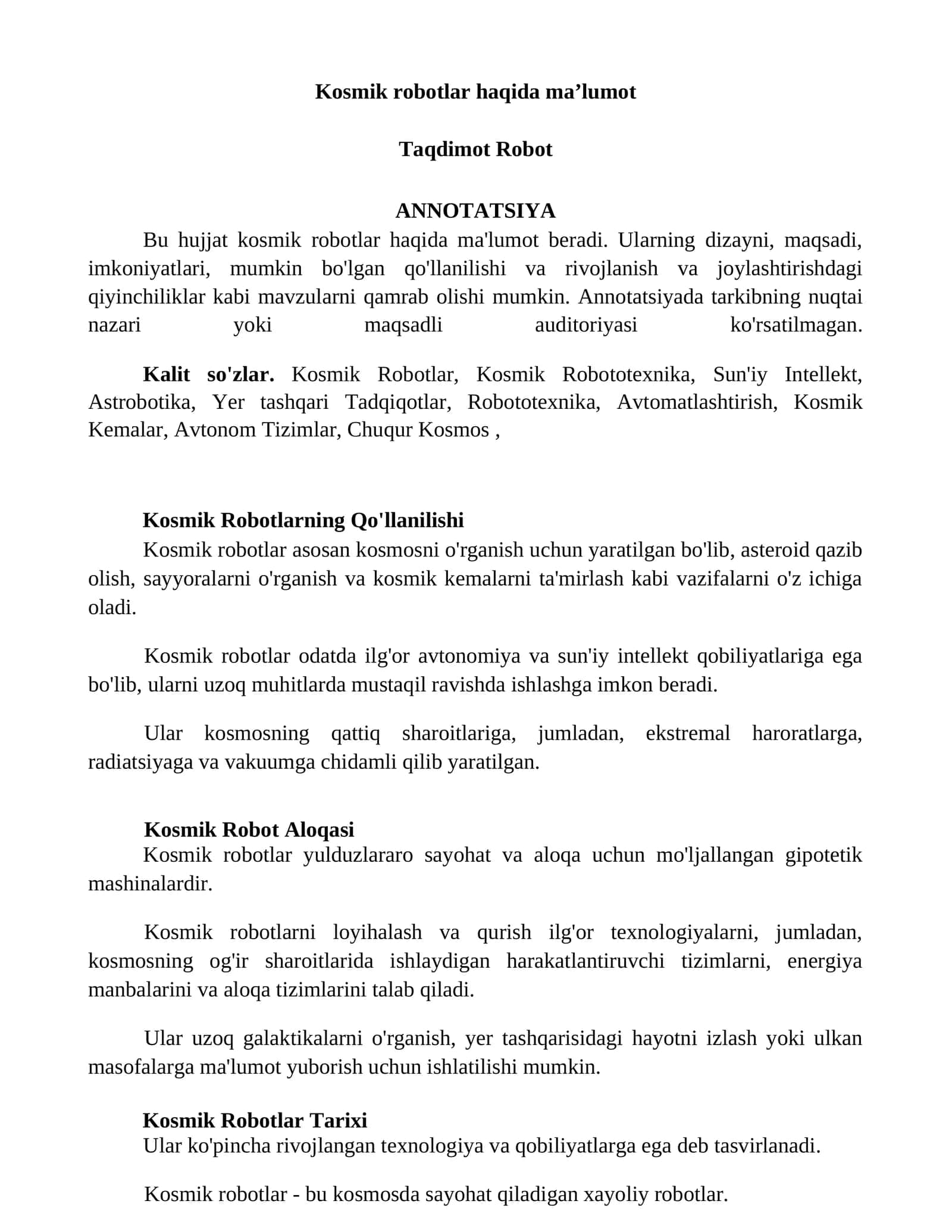 Kosmik robotlar haqida maʼlumot