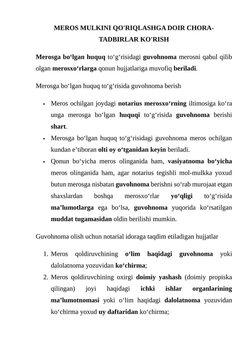Guvohnoma olish uchun notarial idoraga taqdim etiladigan hujjatlar