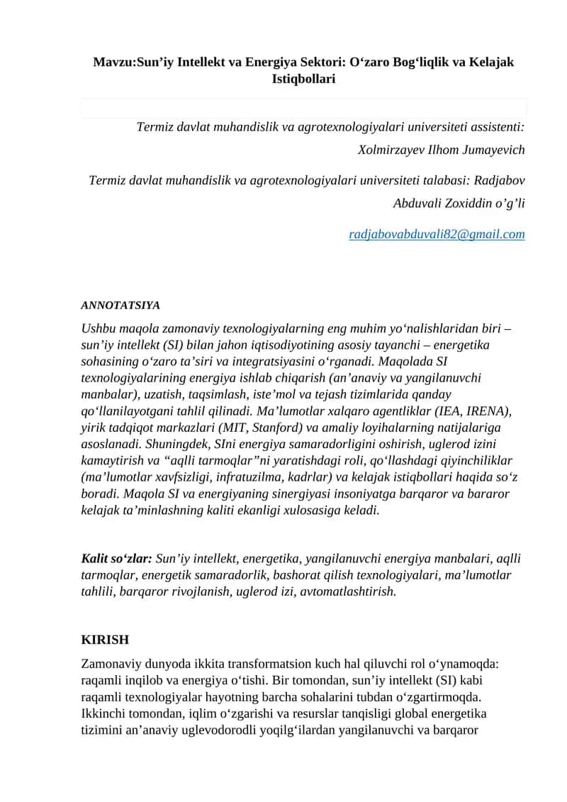 Sunʼiy Intellekt va Energiya Sektori: Oʻzaro Bogʻliqlik va Kelajak Istiqbollari