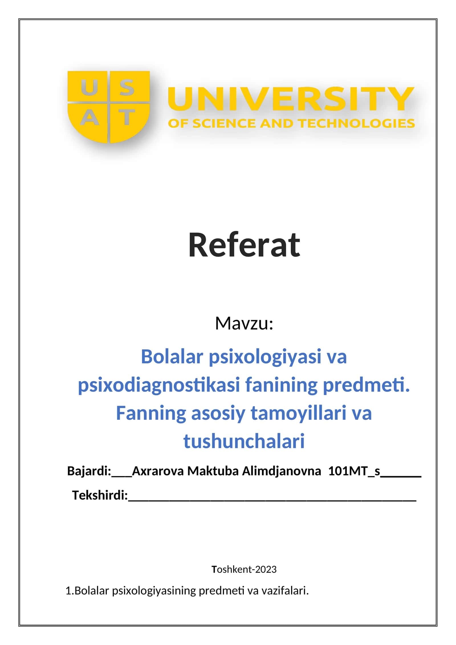 Bolalar psixologiyasi va psixodiagnostikasi fanining predmeti. Fanning asosiy tamoyillari va tushunchalari