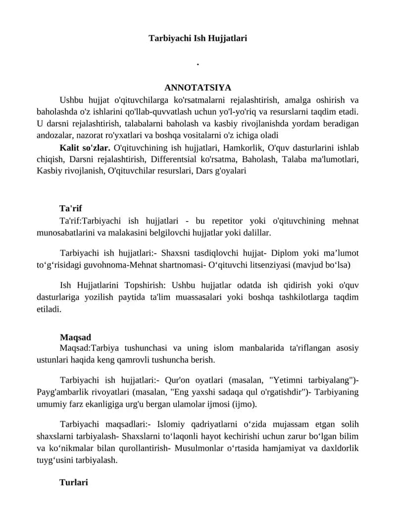 Tarbiyachi Ish Hujjatlari