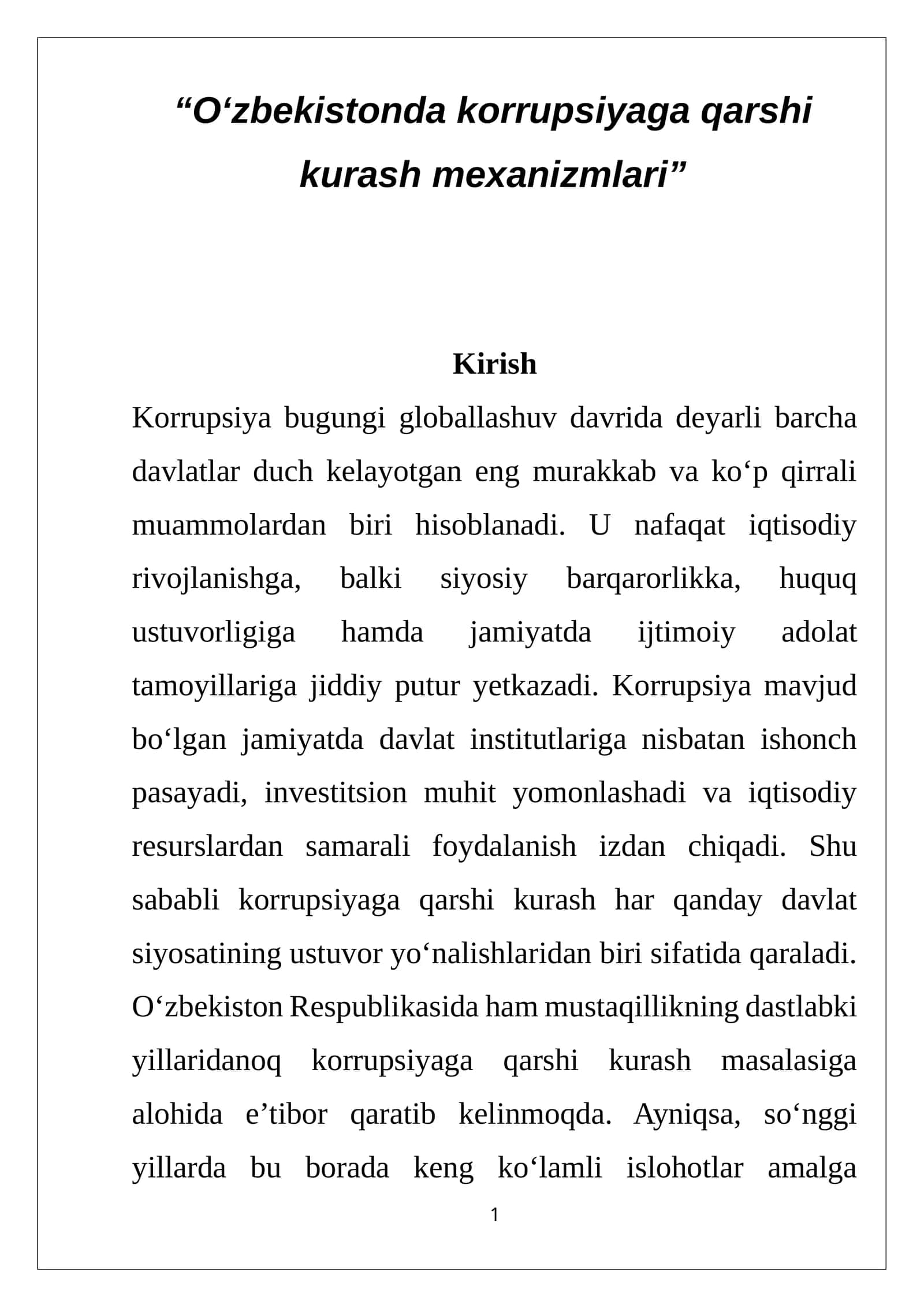 “O‘zbekistonda korrupsiyaga qarshi kurash mexanizmlari” referat