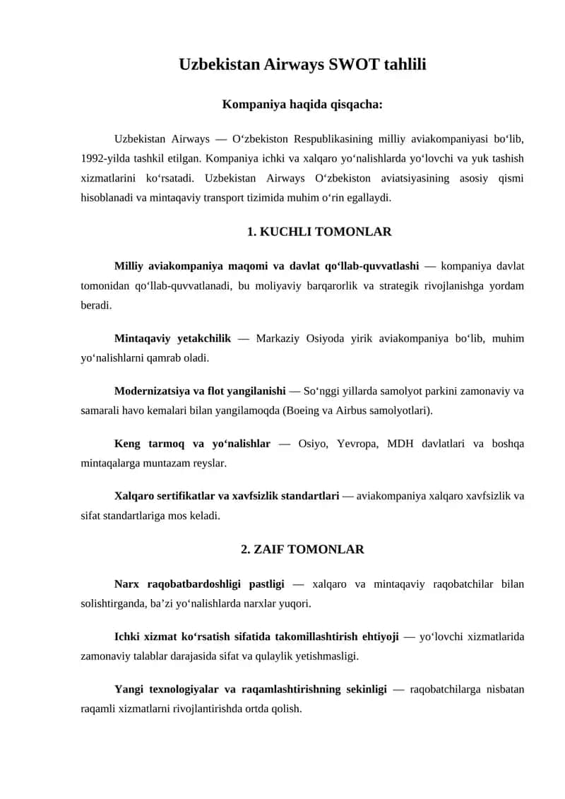 Uzbekistan Airways SWOT tahlili