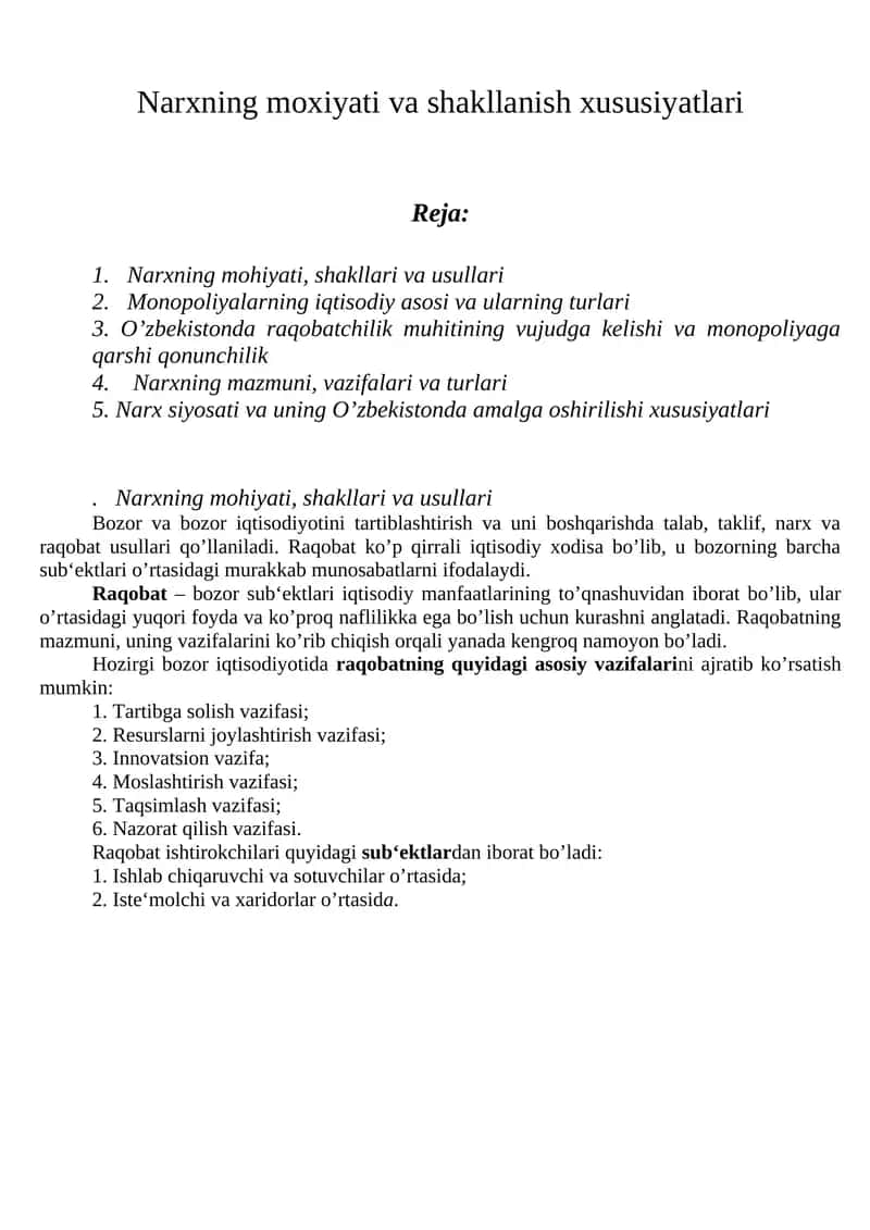 Narxning moxiyati va shakllanish xususiyatlari