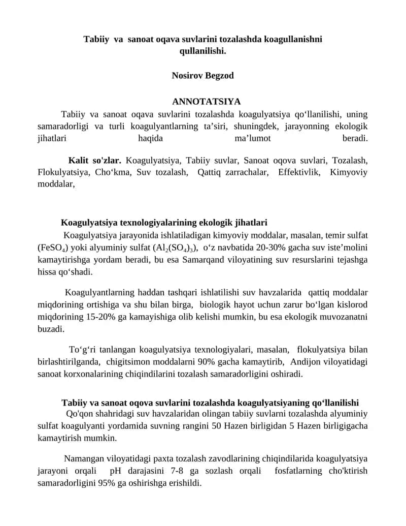 Tabiiy va sanoat oqava suvlarini tozalashda koagullyatsiya qo‘llanilishi