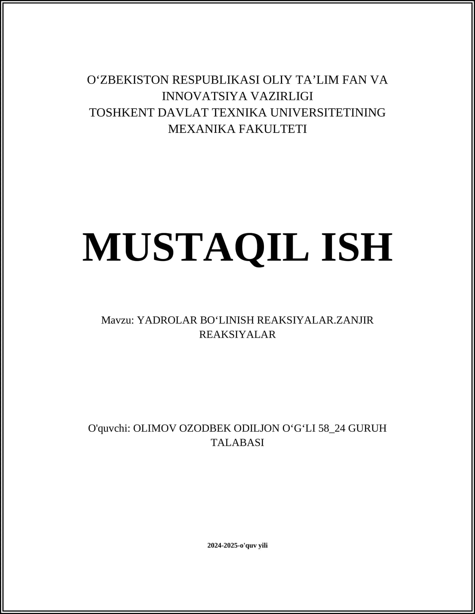 YADROLAR BOʻLINISH REAKSIYALAR.ZANJIR REAKSIYALAR