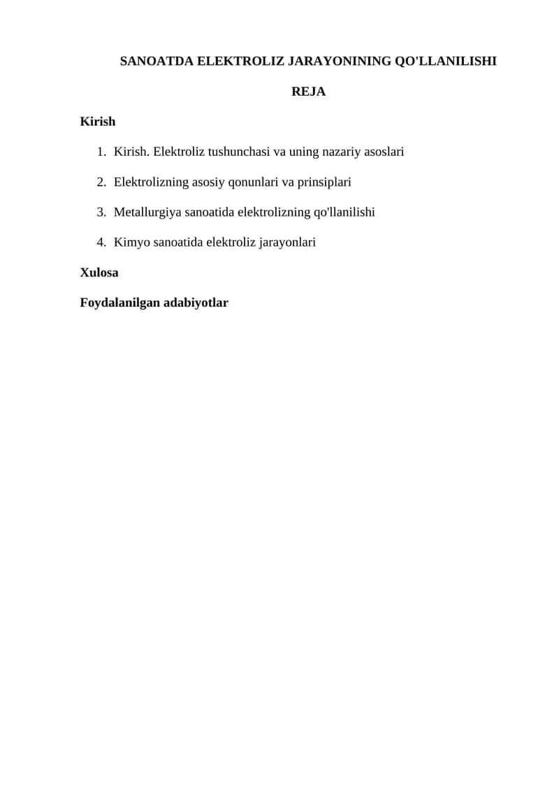 SANOATDA ELEKTROLIZ JARAYONINING QO'LLANILISHI